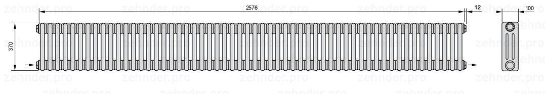 Схема (чертеж) Радиатор Zehnder Charleston 3037/56 №2670 Белый глянцевый RAL 9016